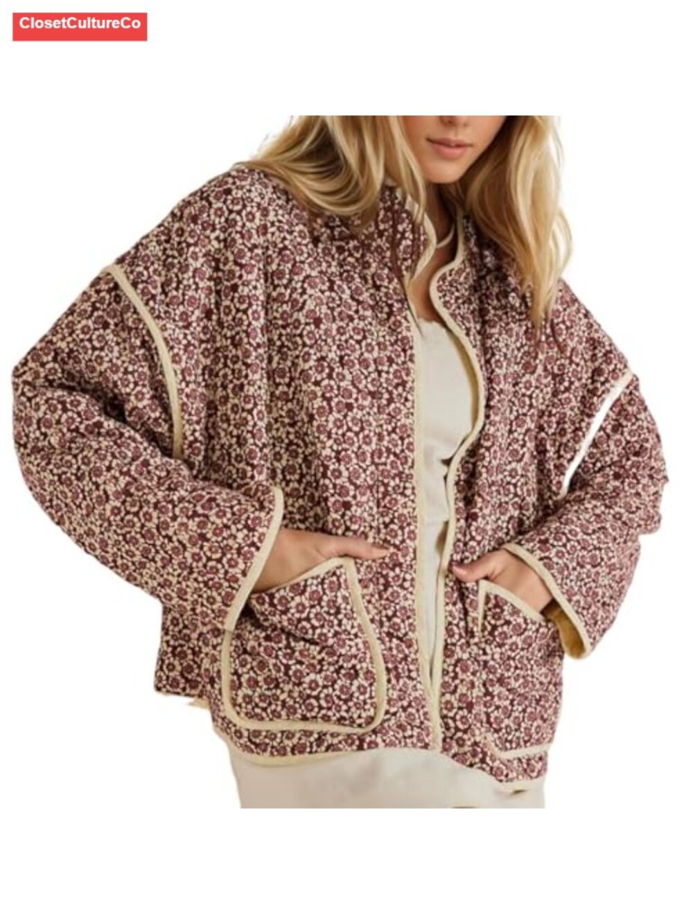 Cropped Puffer Jacket Floral Print Quilted Open Front Lightweight